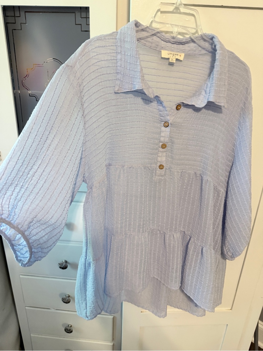 Umgee Light Blue Button-Front Tiered Blouse